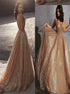 A Line Spaghetti Straps Sequins Champagne Backless Long Prom Dresses LBQ3791